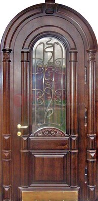 Арочная металлическая дверь массив со стеклом и ковкой ДА-50 в Санкт-Петербурге