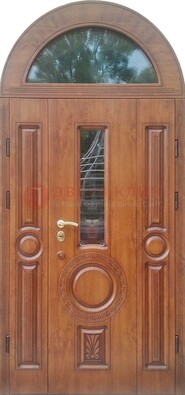 Двустворчатая железная дверь МДФ со стеклом в форме арки ДА-52 в Дубне