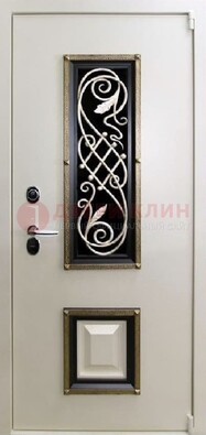 Белая стальная дверь с ковкой со стеклопакетом и МДФ ДК-30 в Санкт-Петербурге