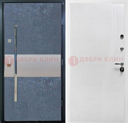 Синяя входная дверь МДФ с серебряной вставкой ДМ-330 в Санкт-Петербурге