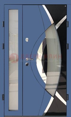 Синяя металлическая дверь со стеклом и узором ДС-13 в Санкт-Петербурге