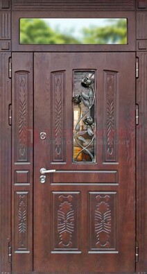 Коричневая железная дверь со стеклом и ковкой на улицу ДСК-127 в Санкт-Петербурге