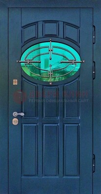 Синяя металлическая дверь со стеклом и ковкой ДСК-143 в Санкт-Петербурге
