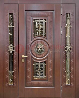 Коричневая стальная дверь со стеклом и ковкой ДСК-147 с фрамугами в Санкт-Петербурге