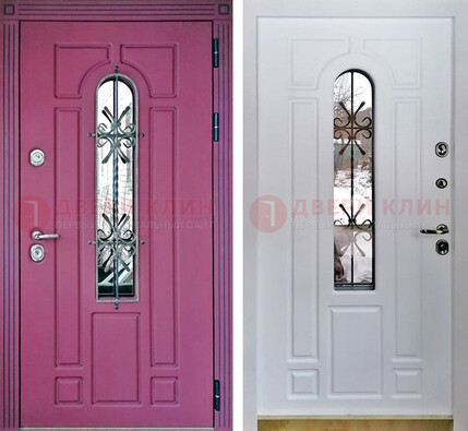 Розовая металлическая дверь со стеклом и ковкой ДСК-151 в Санкт-Петербурге