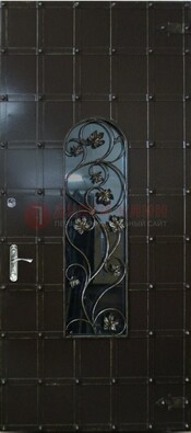 Высокая железная дверь со стеклом и ковкой ДСК-15 в Ростове-На-Дону