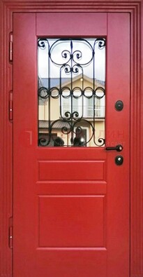 Красная железная дверь Винорит со стеклом и ковкой ДСК-205 в Санкт-Петербурге