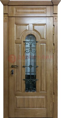 Металлическая дверь массив со стеклом и ковкой для дома ДСК-246 в Ульяновске