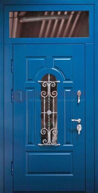 Синяя железная филенчатая дверь со стеклом и ковкой ДСК-97 в Санкт-Петербурге