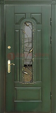 Железная дверь со стеклом и ковкой ДСК-9 для офиса в Раменском