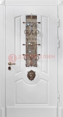Белая металлическая дверь с виноритом и стеклом с ковкой ДВТ-165 в Санкт-Петербурге