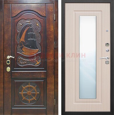 Темная дверь с резьбой и зеркалом внутри ДЗ-49 в Санкт-Петербурге