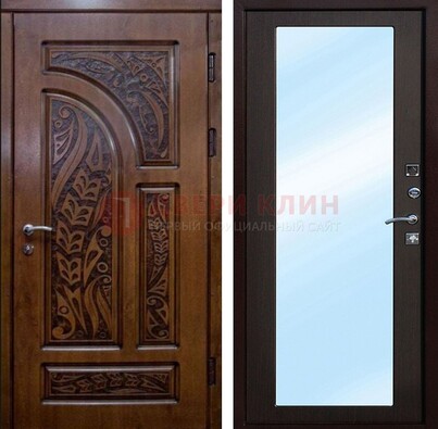 Коричневая входная дверь c узором и виноритом МДФ с зеркалом ДЗ-98 в Санкт-Петербурге