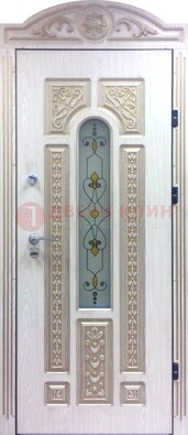 Белая железная дверь с МДФ и витражом ВЖ-26 в Санкт-Петербурге