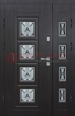 Чёрная двухстворчатая железная дверь с МДФ и витражом ВЖ-35 в Санкт-Петербурге