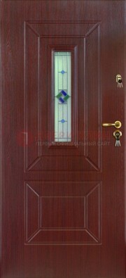 Бордовая железная дверь с витражом и отделкой массив ВЖ-3 в Химках